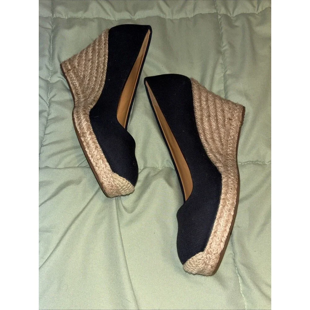 J. Crew Preppy Navy Blue Canvas Espadrille Wedges Jute Heel Size 6.5